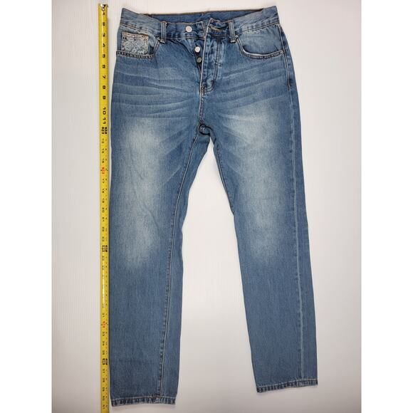 mnml Paisley Print‎ Blue Denim Mens 32 Slim Straight Western Jeans - Picture 4 of 8